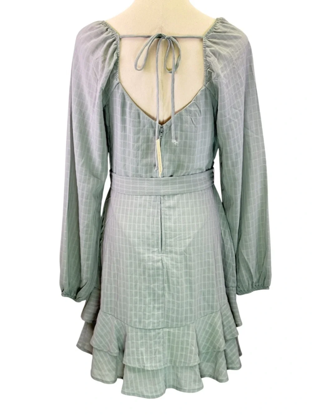 Trixxi Sage Green Plaid Print‎ Ruffle Wrap Belted Mini Flare Dress Size M NWT